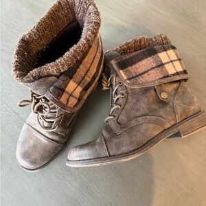 JustFab Brown Ankle Boots with Plaid Cuff
